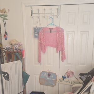 Pink Sequin Cropped Cardigan